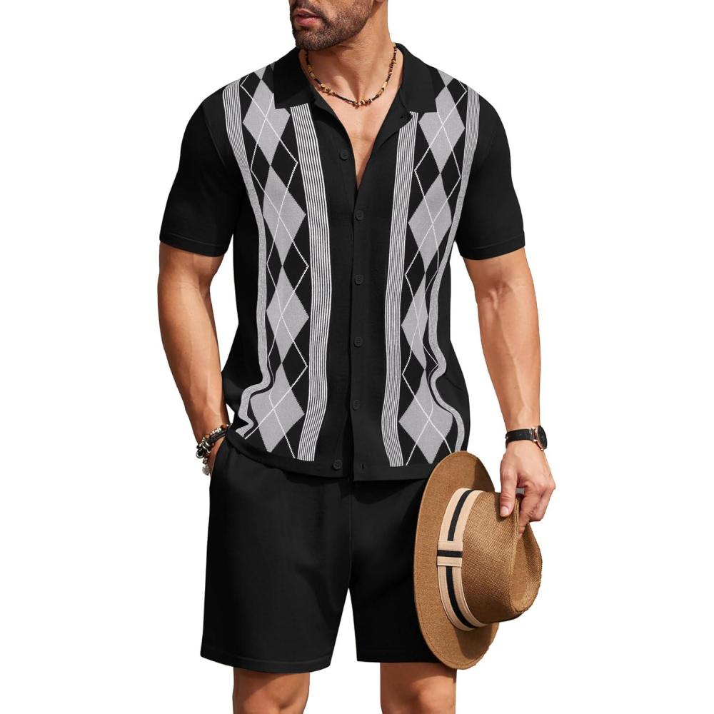 imageCOOFANDY Mens 2 Piece Outfit Vintage Short Sleeve Button Down Knit Polo Shirts Casual Beach Shorts SetsArgyleblack