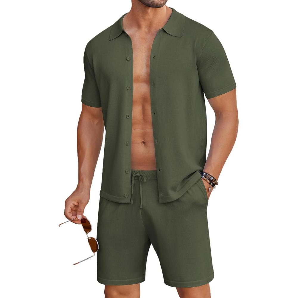 imageCOOFANDY Mens 2 Piece Outfit Vintage Short Sleeve Button Down Knit Polo Shirts Casual Beach Shorts SetsArmy Green