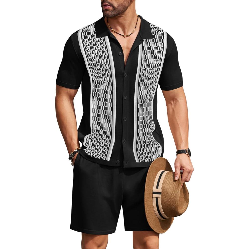 imageCOOFANDY Mens 2 Piece Outfit Vintage Short Sleeve Button Down Knit Polo Shirts Casual Beach Shorts SetsBlack