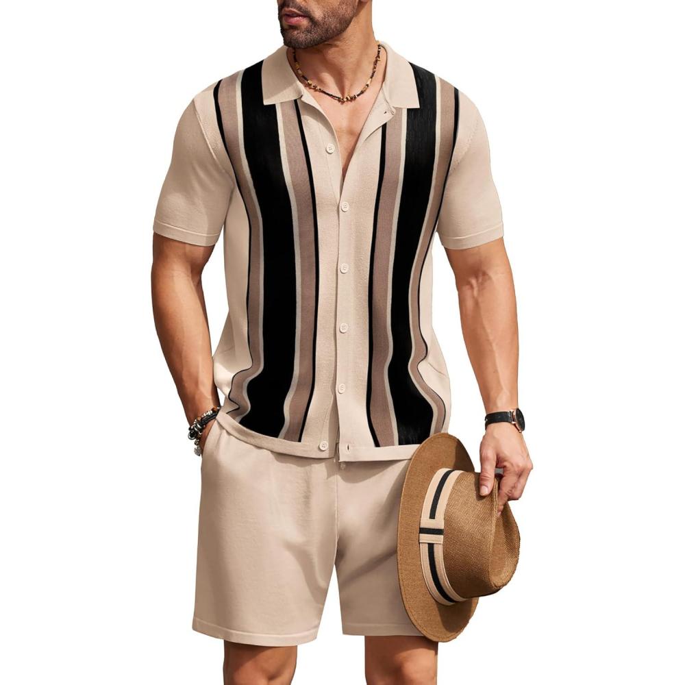 imageCOOFANDY Mens 2 Piece Outfit Vintage Short Sleeve Button Down Knit Polo Shirts Casual Beach Shorts SetsBlack Stripe