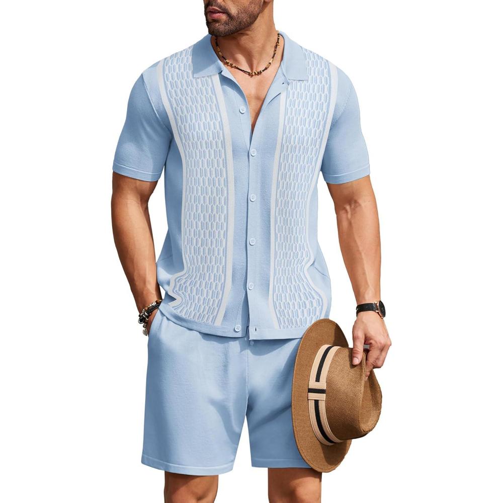 imageCOOFANDY Mens 2 Piece Outfit Vintage Short Sleeve Button Down Knit Polo Shirts Casual Beach Shorts SetsBlue