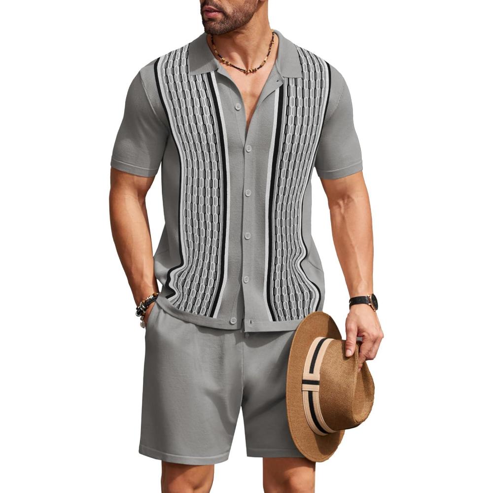 imageCOOFANDY Mens 2 Piece Outfit Vintage Short Sleeve Button Down Knit Polo Shirts Casual Beach Shorts SetsGrey