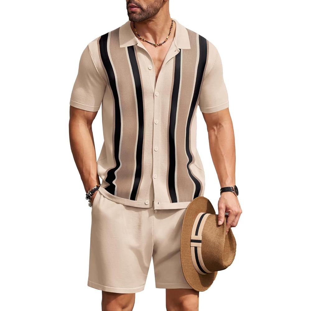 imageCOOFANDY Mens 2 Piece Outfit Vintage Short Sleeve Button Down Knit Polo Shirts Casual Beach Shorts SetsKhaki  Black