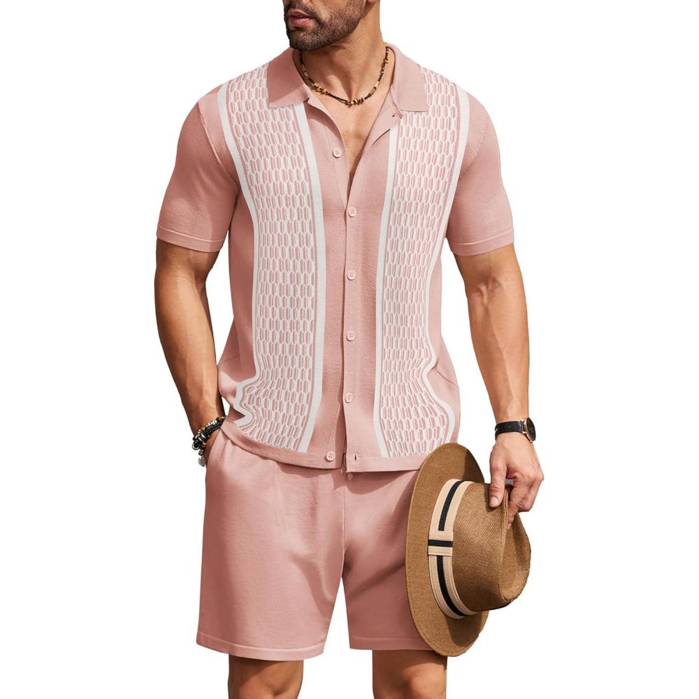 imageCOOFANDY Mens 2 Piece Outfit Vintage Short Sleeve Button Down Knit Polo Shirts Casual Beach Shorts SetsPink