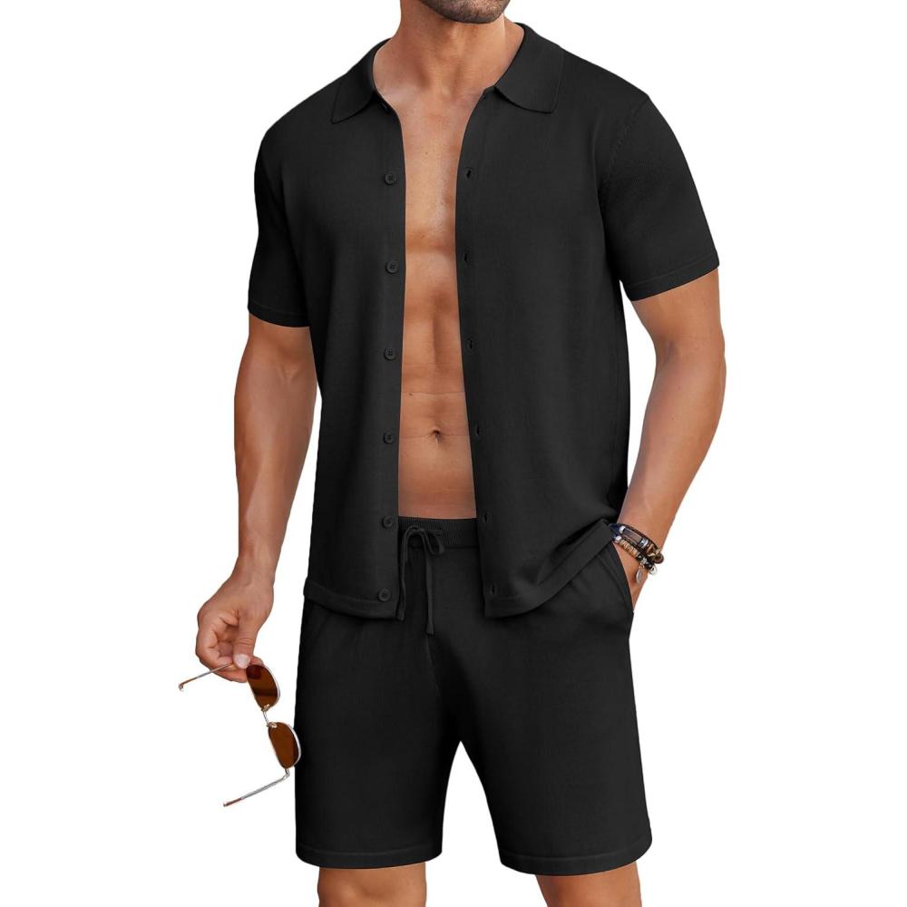 imageCOOFANDY Mens 2 Piece Outfits Sets Casual Short Sleeve Button Down Knit Shirt and Shorts Sets Summer Beach OutfitsBlack