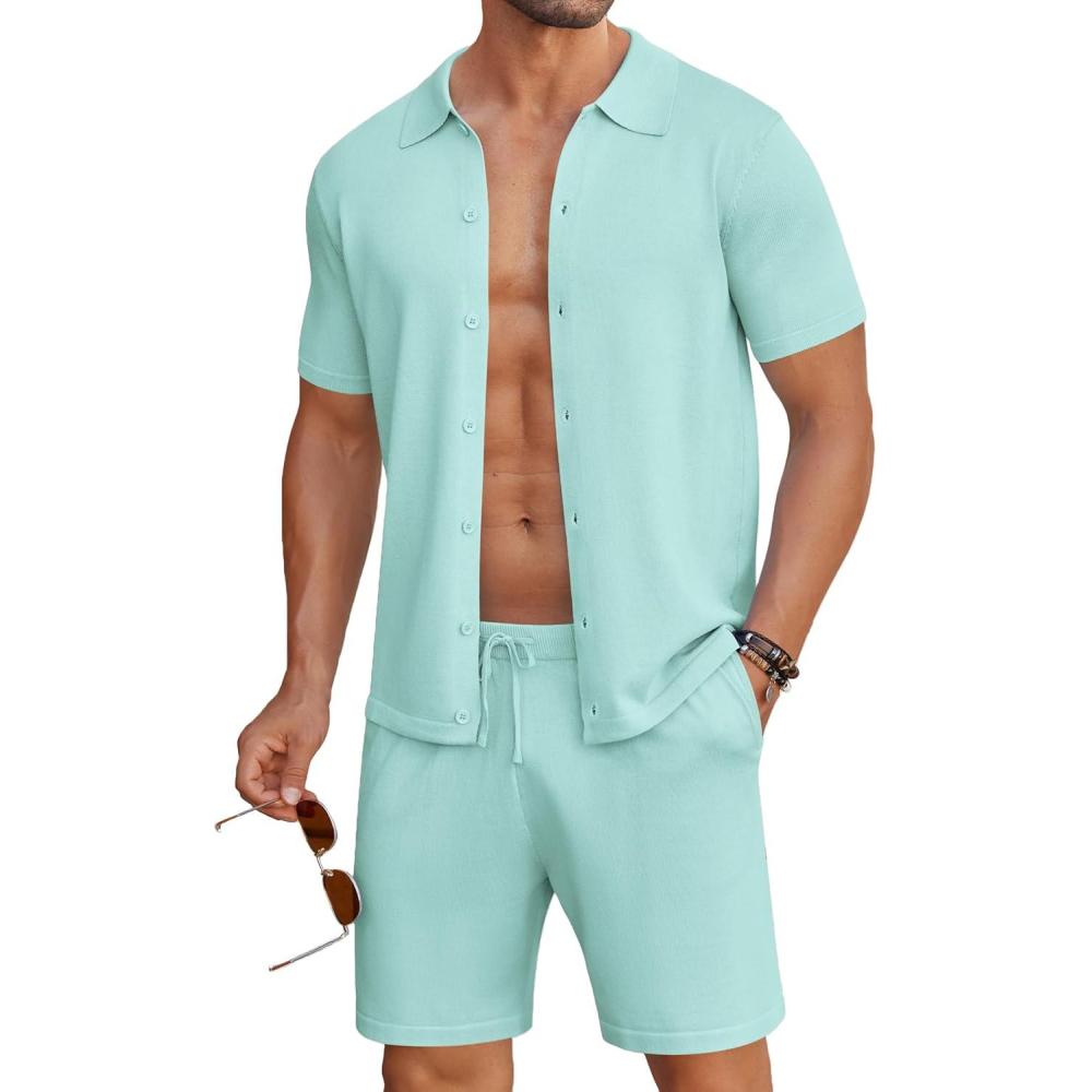 imageCOOFANDY Mens 2 Piece Outfits Sets Casual Short Sleeve Button Down Knit Shirt and Shorts Sets Summer Beach OutfitsLight Green