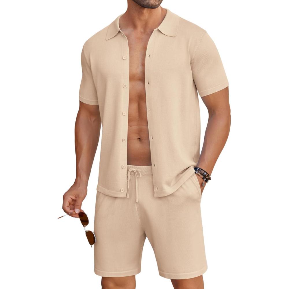 imageCOOFANDY Mens 2 Piece Outfits Sets Casual Short Sleeve Button Down Knit Shirt and Shorts Sets Summer Beach OutfitsLight Khaki