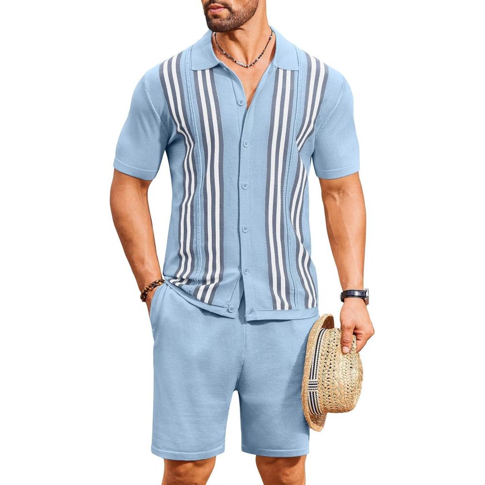 imageCOOFANDY Mens 2 Piece Outfits Summer Short Sets Vintage Knit Button Down Shirt Short Sleeve Polo Casual Beach SuitsBlue