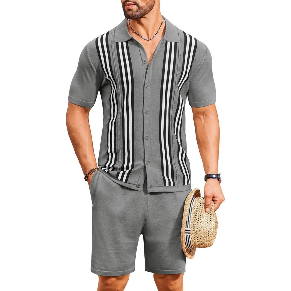 imageCOOFANDY Mens 2 Piece Outfits Summer Short Sets Vintage Knit Button Down Shirt Short Sleeve Polo Casual Beach SuitsGrey
