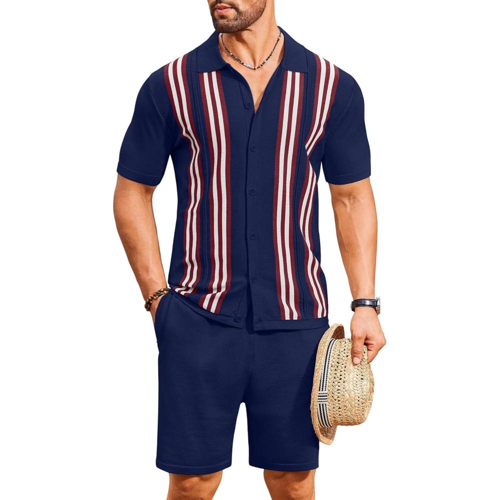 imageCOOFANDY Mens 2 Piece Outfits Summer Short Sets Vintage Knit Button Down Shirt Short Sleeve Polo Casual Beach SuitsNavy Blue