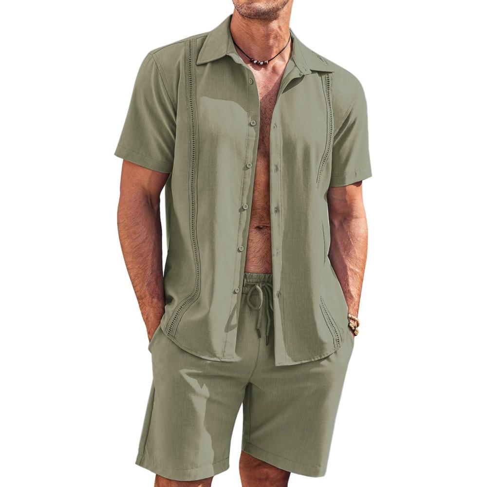 imageCOOFANDY Mens 2 Piece Short Set Cuban Guayabera Shirts Short Sleeve Casual Beach Outfits SetArmy Green
