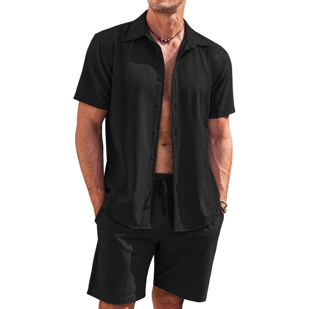 imageCOOFANDY Mens 2 Piece Short Set Cuban Guayabera Shirts Short Sleeve Casual Beach Outfits SetBlack