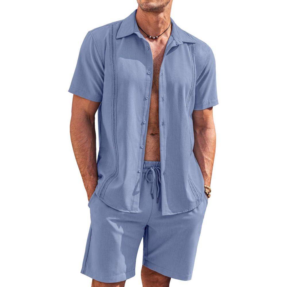 imageCOOFANDY Mens 2 Piece Short Set Cuban Guayabera Shirts Short Sleeve Casual Beach Outfits SetDark Blue