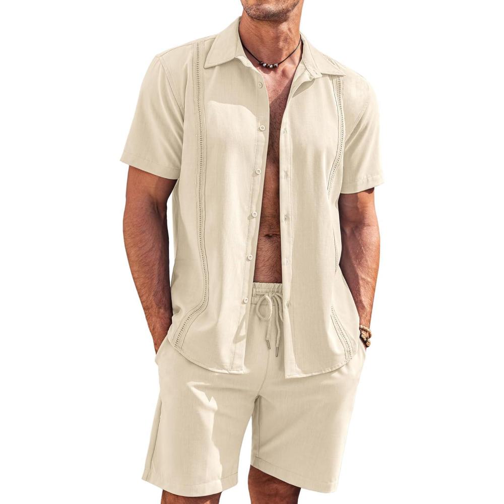 imageCOOFANDY Mens 2 Piece Short Set Cuban Guayabera Shirts Short Sleeve Casual Beach Outfits SetKhaki
