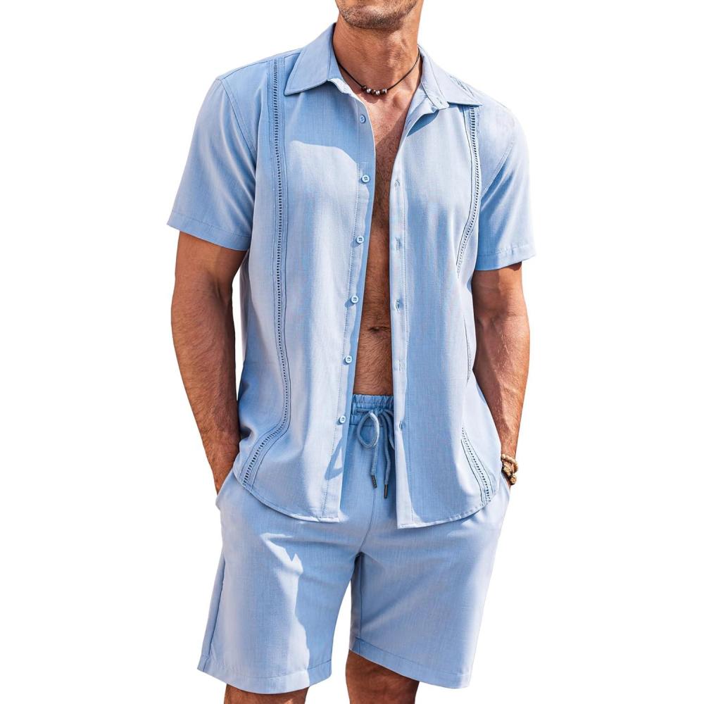 imageCOOFANDY Mens 2 Piece Short Set Cuban Guayabera Shirts Short Sleeve Casual Beach Outfits SetLight Blue