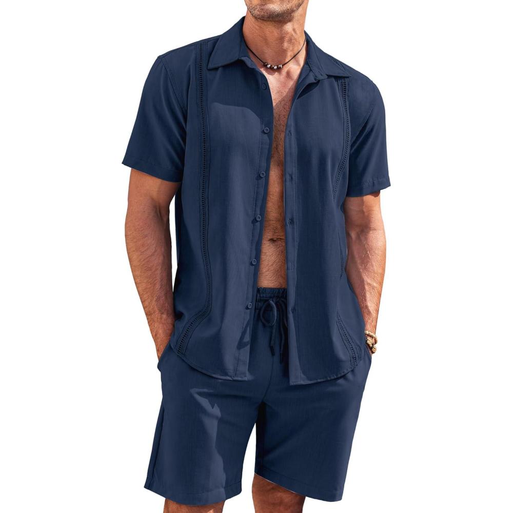 imageCOOFANDY Mens 2 Piece Short Set Cuban Guayabera Shirts Short Sleeve Casual Beach Outfits SetNavy Blue