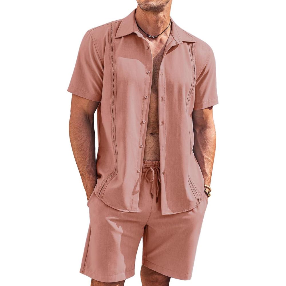 imageCOOFANDY Mens 2 Piece Short Set Cuban Guayabera Shirts Short Sleeve Casual Beach Outfits SetPink