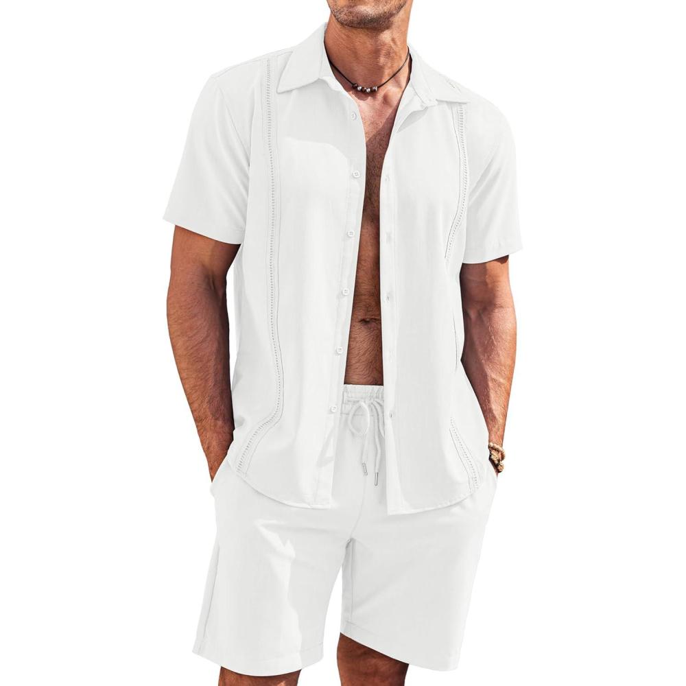 imageCOOFANDY Mens 2 Piece Short Set Cuban Guayabera Shirts Short Sleeve Casual Beach Outfits SetWhite