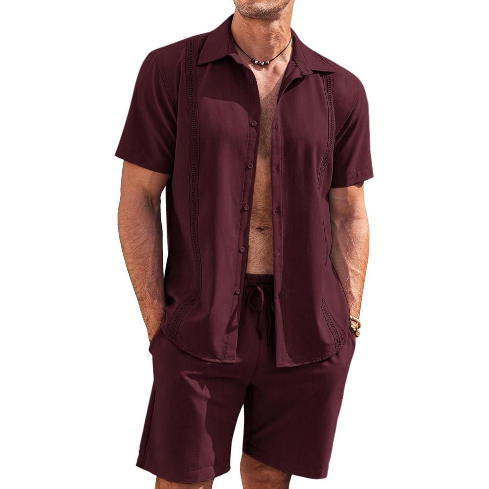 imageCOOFANDY Mens 2 Piece Short Set Cuban Guayabera Shirts Short Sleeve Casual Beach Outfits SetWine Red