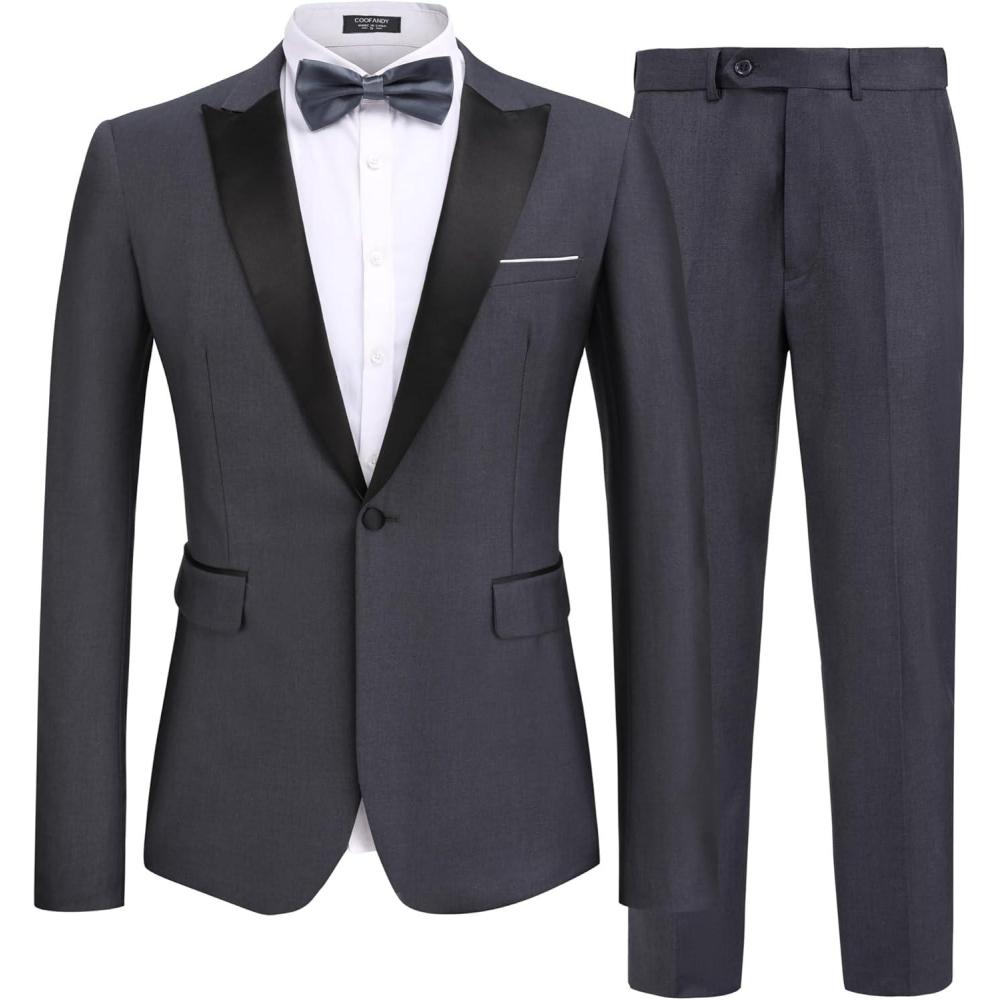 imageCOOFANDY Mens 2 Piece Suit Slim Fit One Button Tuxedo Jacket Pants for Wedding Prom BusinessDeep Grey