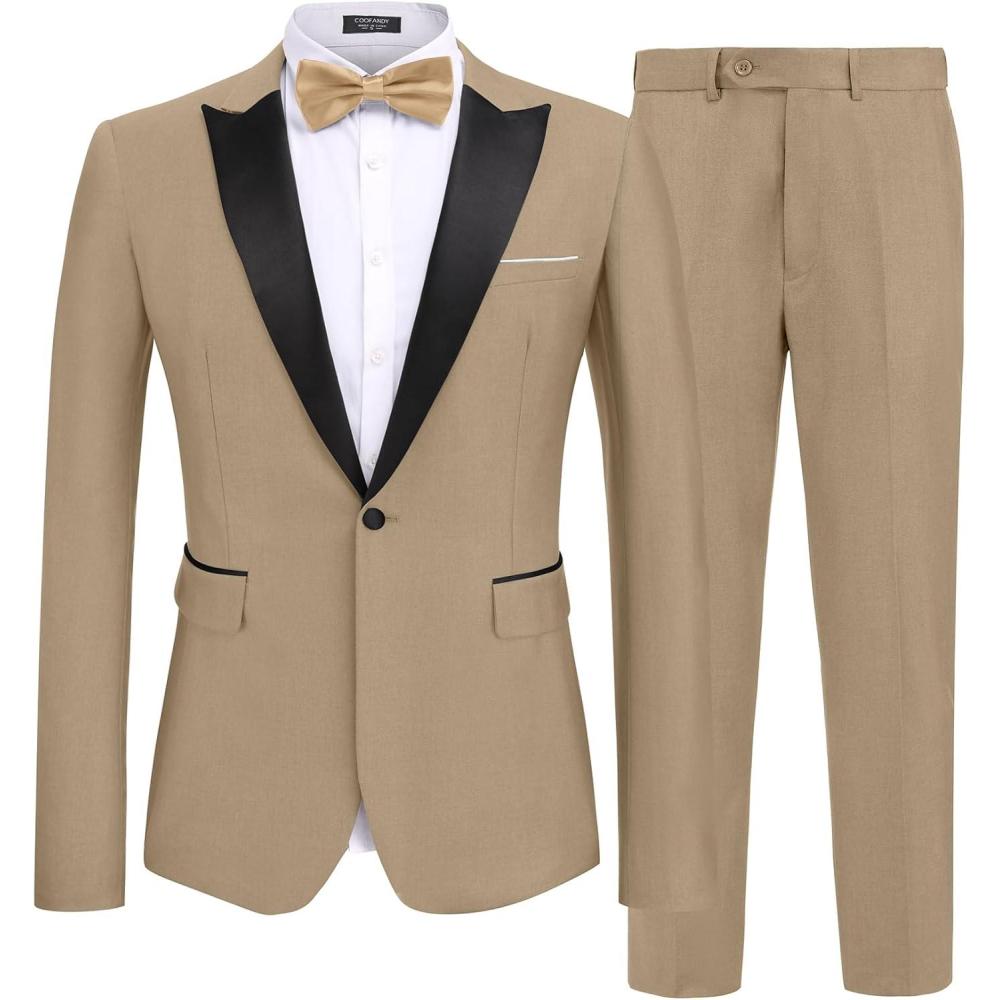imageCOOFANDY Mens 2 Piece Suit Slim Fit One Button Tuxedo Jacket Pants for Wedding Prom BusinessKhaki