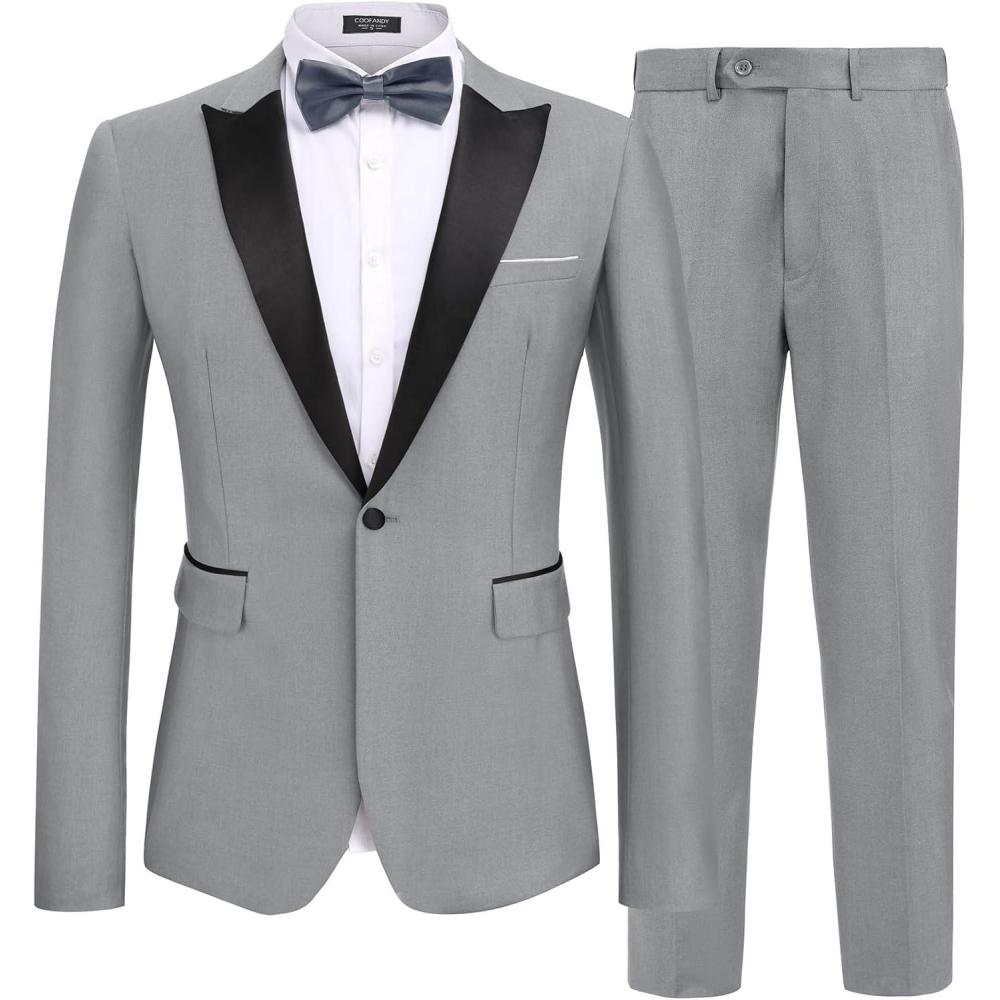 imageCOOFANDY Mens 2 Piece Suit Slim Fit One Button Tuxedo Jacket Pants for Wedding Prom BusinessLight Grey