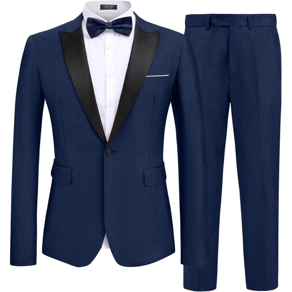 imageCOOFANDY Mens 2 Piece Suit Slim Fit One Button Tuxedo Jacket Pants for Wedding Prom BusinessNavy Blue