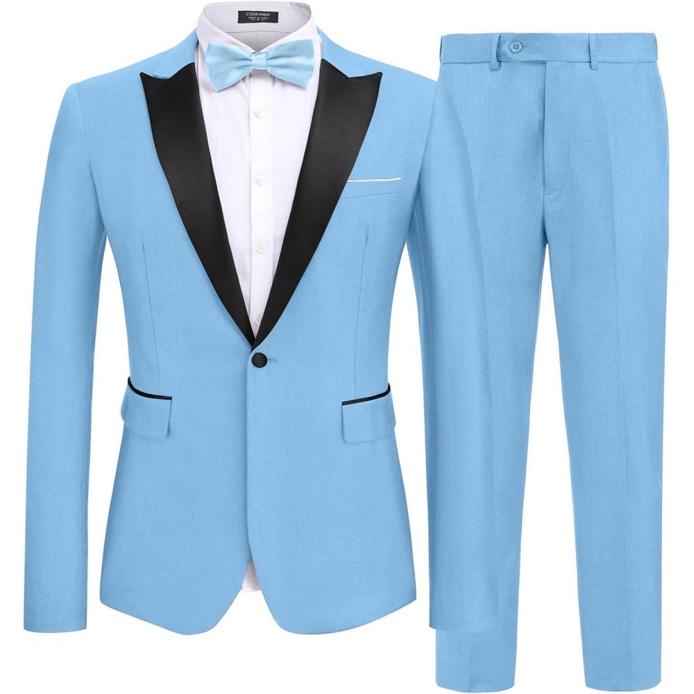 imageCOOFANDY Mens 2 Piece Suit Slim Fit One Button Tuxedo Jacket Pants for Wedding Prom BusinessSky Blue