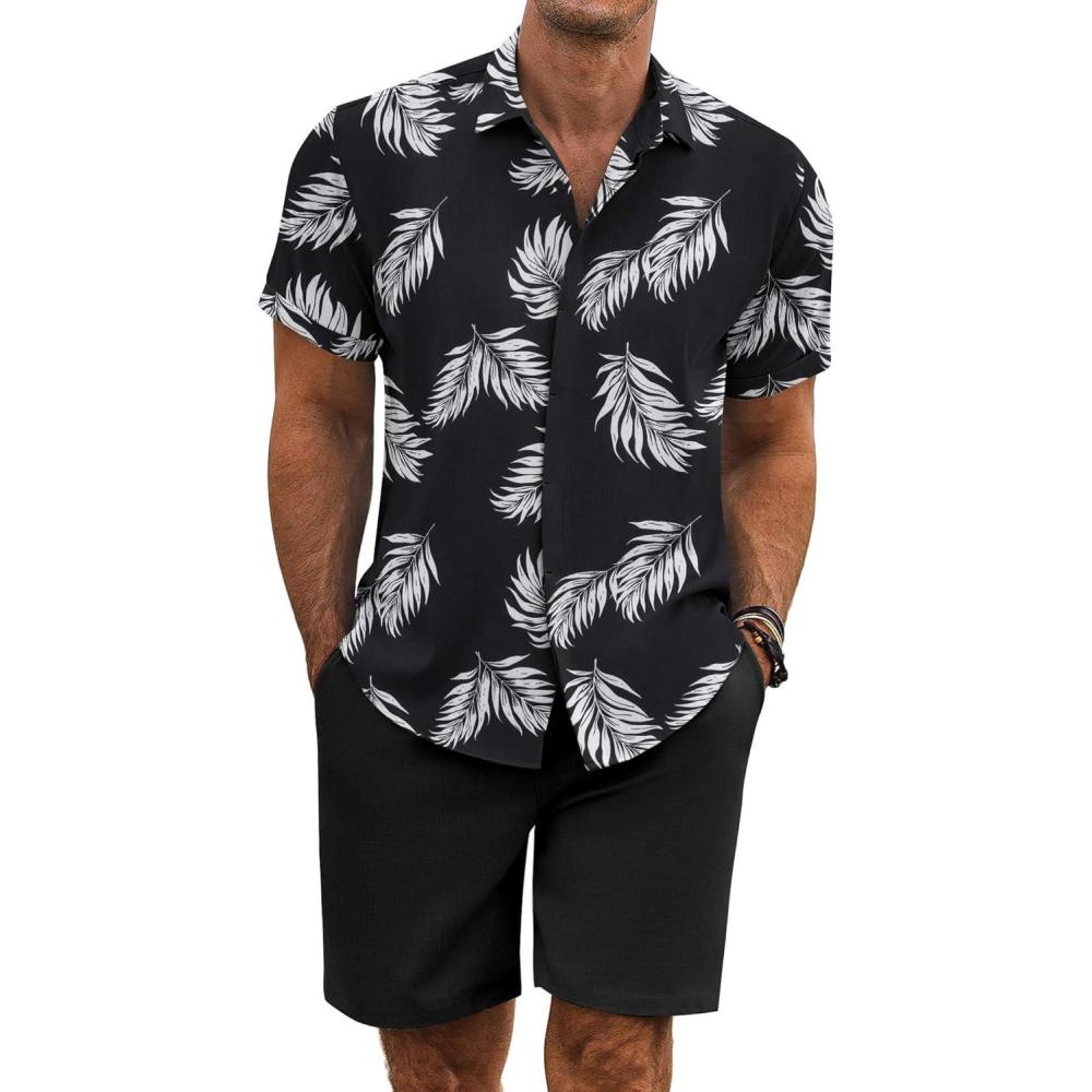 imageCOOFANDY Mens 2 Piece Summer Beach Outfits Tropical Short Sleeve Button Down Shirts and Shorts Hawaiian Vacation SetsBlack Leaf