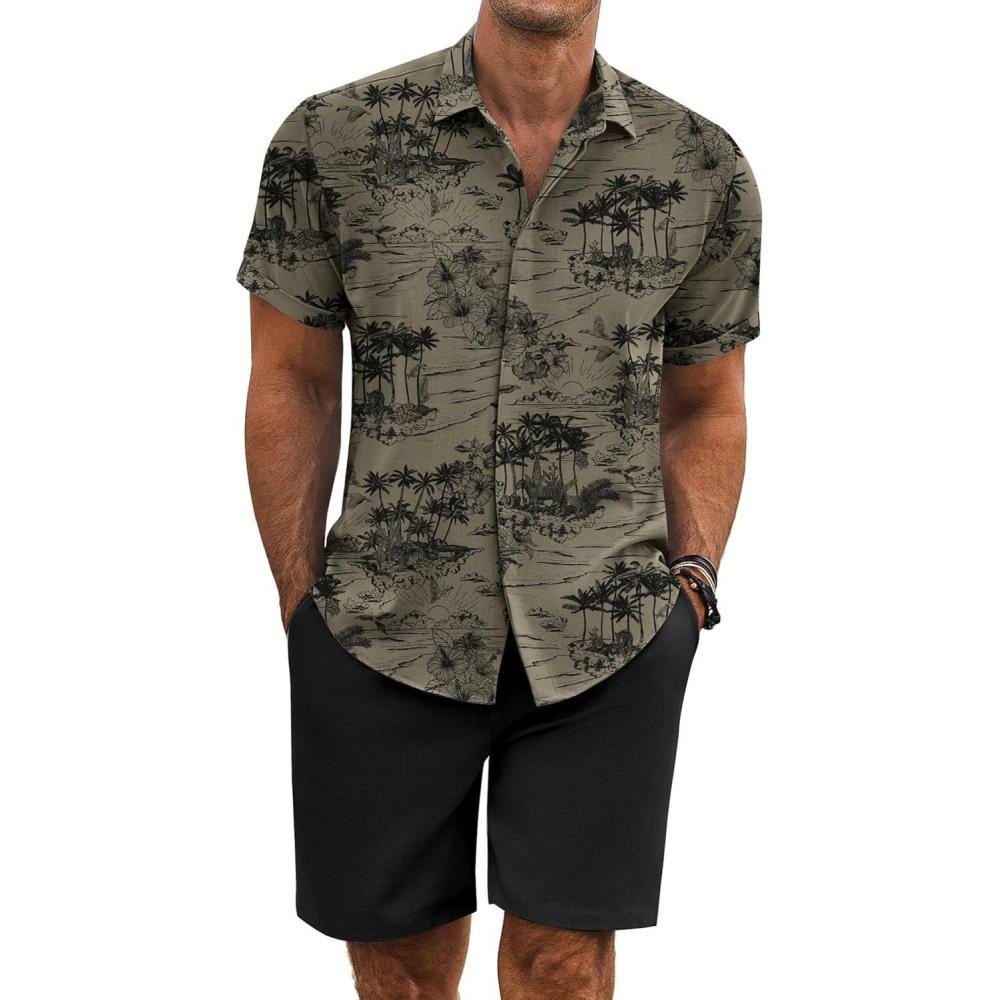 imageCOOFANDY Mens 2 Piece Summer Beach Outfits Tropical Short Sleeve Button Down Shirts and Shorts Hawaiian Vacation SetsGrey Green