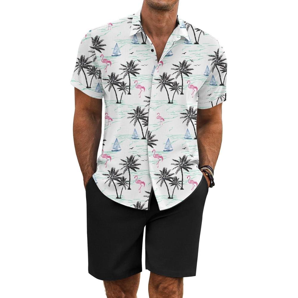 imageCOOFANDY Mens 2 Piece Summer Beach Outfits Tropical Short Sleeve Button Down Shirts and Shorts Hawaiian Vacation SetsIsland Blue