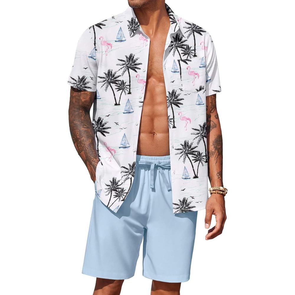 imageCOOFANDY Mens 2 Piece Summer Beach Outfits Tropical Short Sleeve Button Down Shirts and Shorts Hawaiian Vacation SetsIsland Light Blue