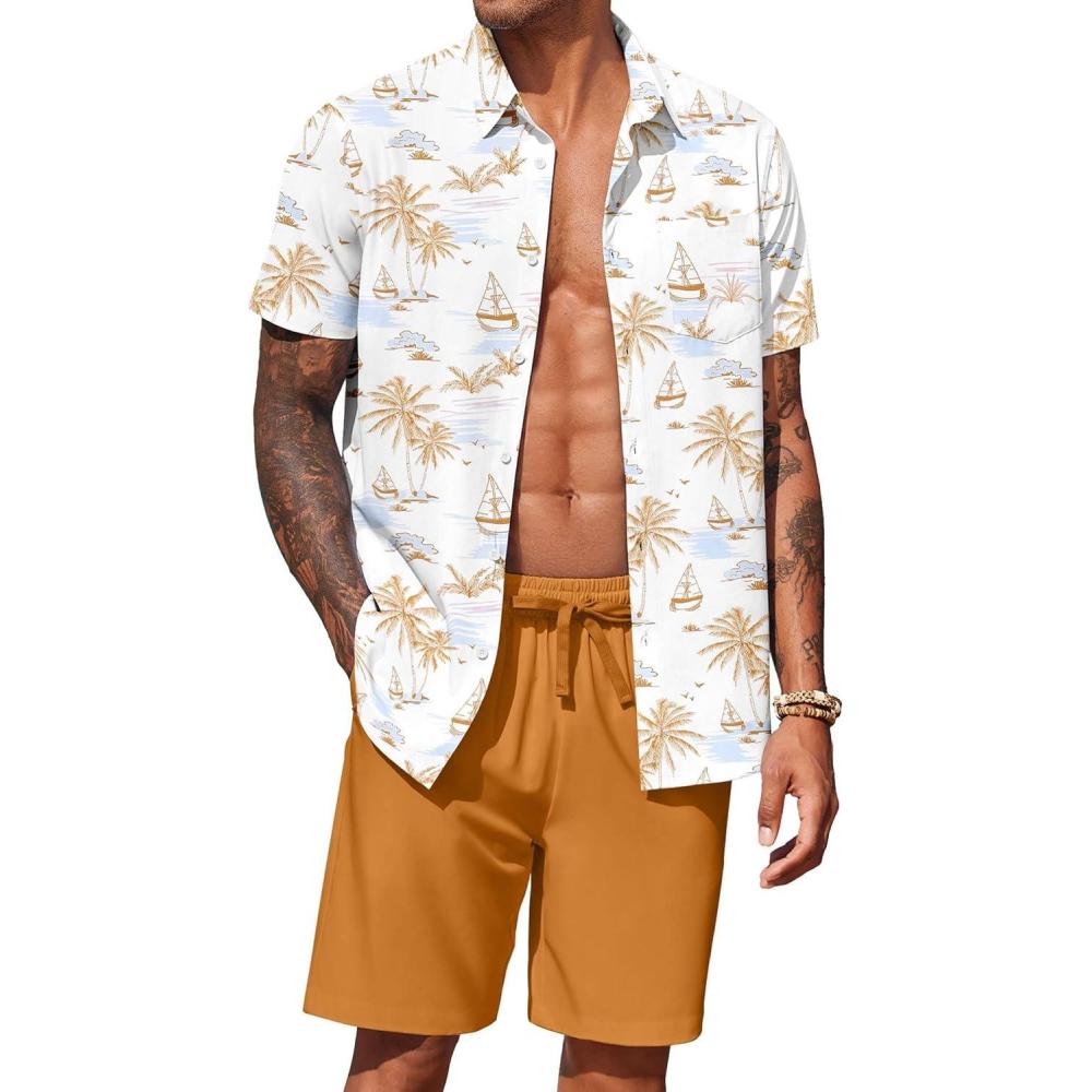 imageCOOFANDY Mens 2 Piece Summer Beach Outfits Tropical Short Sleeve Button Down Shirts and Shorts Hawaiian Vacation SetsIsland Sailboat Orange