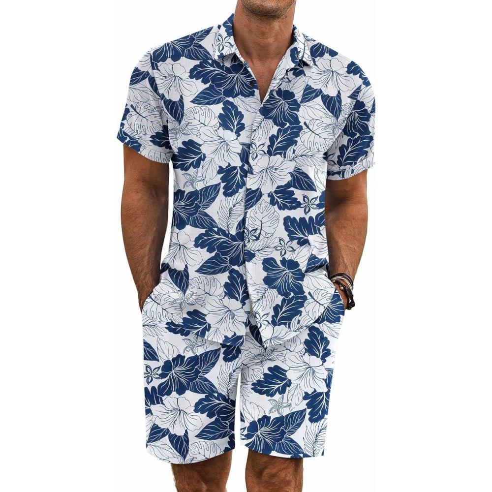 imageCOOFANDY Mens 2 Piece Summer Beach Outfits Tropical Short Sleeve Button Down Shirts and Shorts Hawaiian Vacation SetsLeaf Blue White