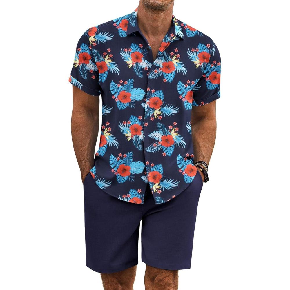 imageCOOFANDY Mens 2 Piece Summer Beach Outfits Tropical Short Sleeve Button Down Shirts and Shorts Hawaiian Vacation SetsNavy  Floral