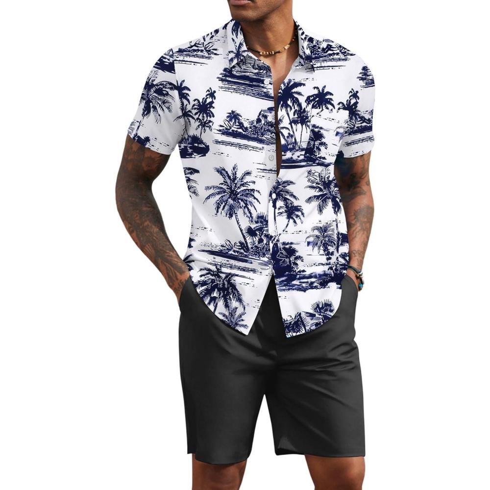 imageCOOFANDY Mens 2 Piece Summer Beach Outfits Tropical Short Sleeve Button Down Shirts and Shorts Hawaiian Vacation SetsNavy Palm Leaf