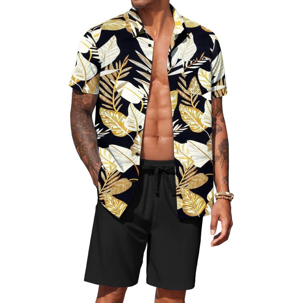 imageCOOFANDY Mens 2 Piece Summer Beach Outfits Tropical Short Sleeve Button Down Shirts and Shorts Hawaiian Vacation SetsPalm Leaf Black