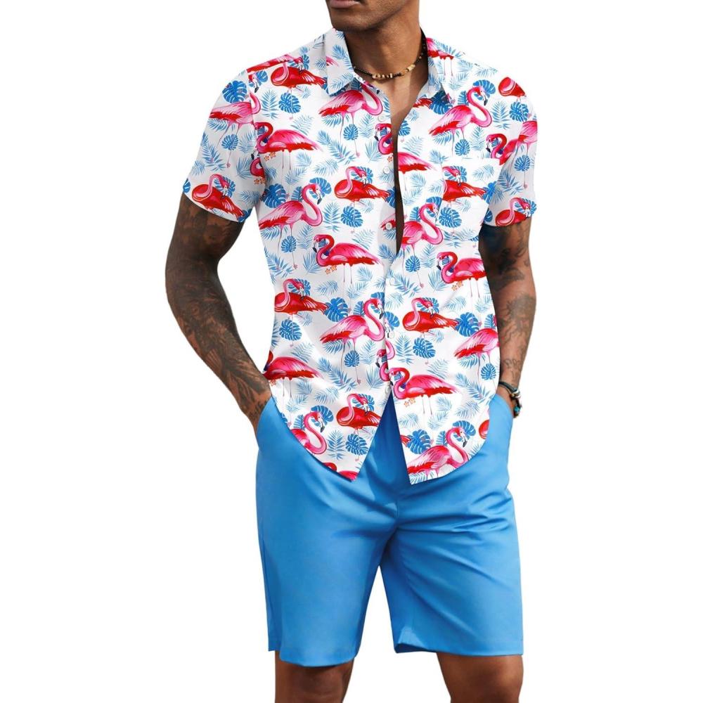 imageCOOFANDY Mens 2 Piece Summer Beach Outfits Tropical Short Sleeve Button Down Shirts and Shorts Hawaiian Vacation SetsPink Blue Leaf