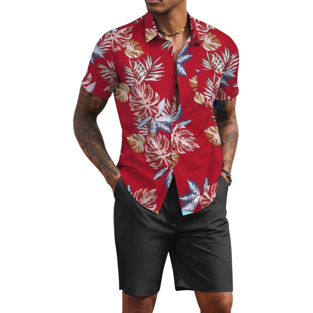 imageCOOFANDY Mens 2 Piece Summer Beach Outfits Tropical Short Sleeve Button Down Shirts and Shorts Hawaiian Vacation SetsRed Tropical Leaf