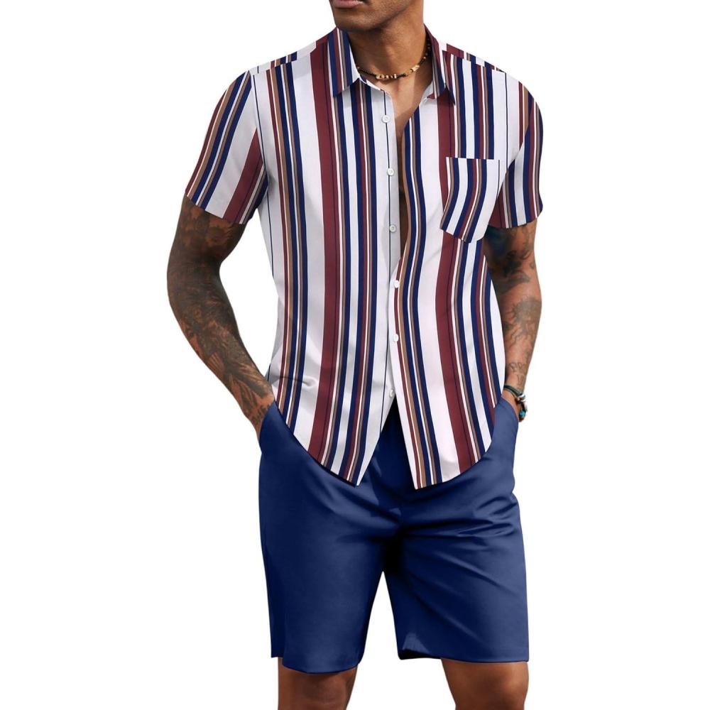 imageCOOFANDY Mens 2 Piece Summer Beach Outfits Tropical Short Sleeve Button Down Shirts and Shorts Hawaiian Vacation SetsStripe