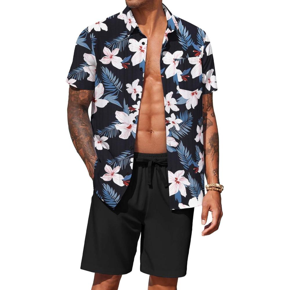 imageCOOFANDY Mens 2 Piece Summer Beach Outfits Tropical Short Sleeve Button Down Shirts and Shorts Hawaiian Vacation SetsWhite Floral Navy