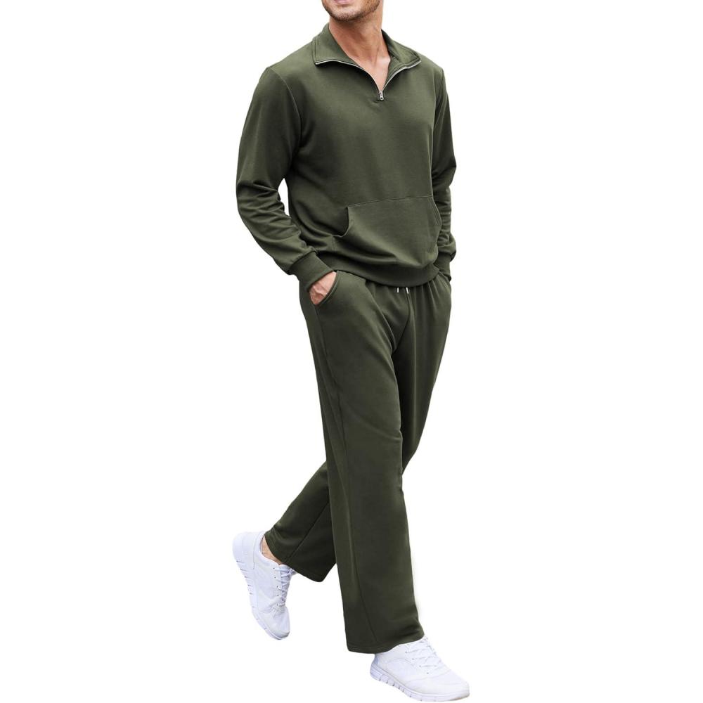 imageCOOFANDY Mens 2 Piece Track Suit Set Jogging Sweatsuit Workout Quarter Zip SuitArmy Green