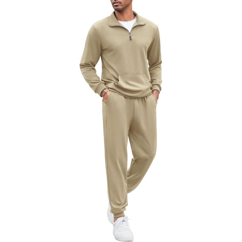imageCOOFANDY Mens 2 Piece Track Suit Set Jogging Sweatsuit Workout Quarter Zip SuitCoffee