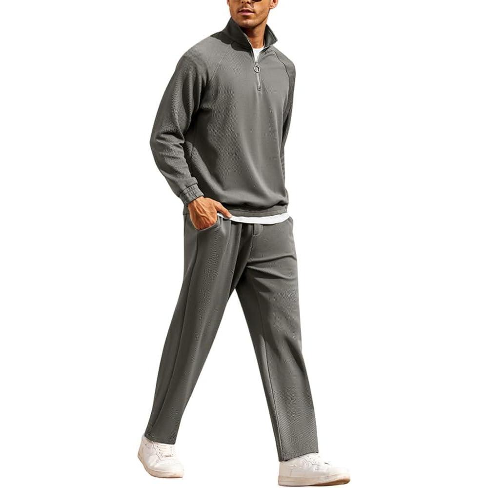 imageCOOFANDY Mens 2 Piece Track Suit Set Jogging Sweatsuit Workout Quarter Zip SuitGray
