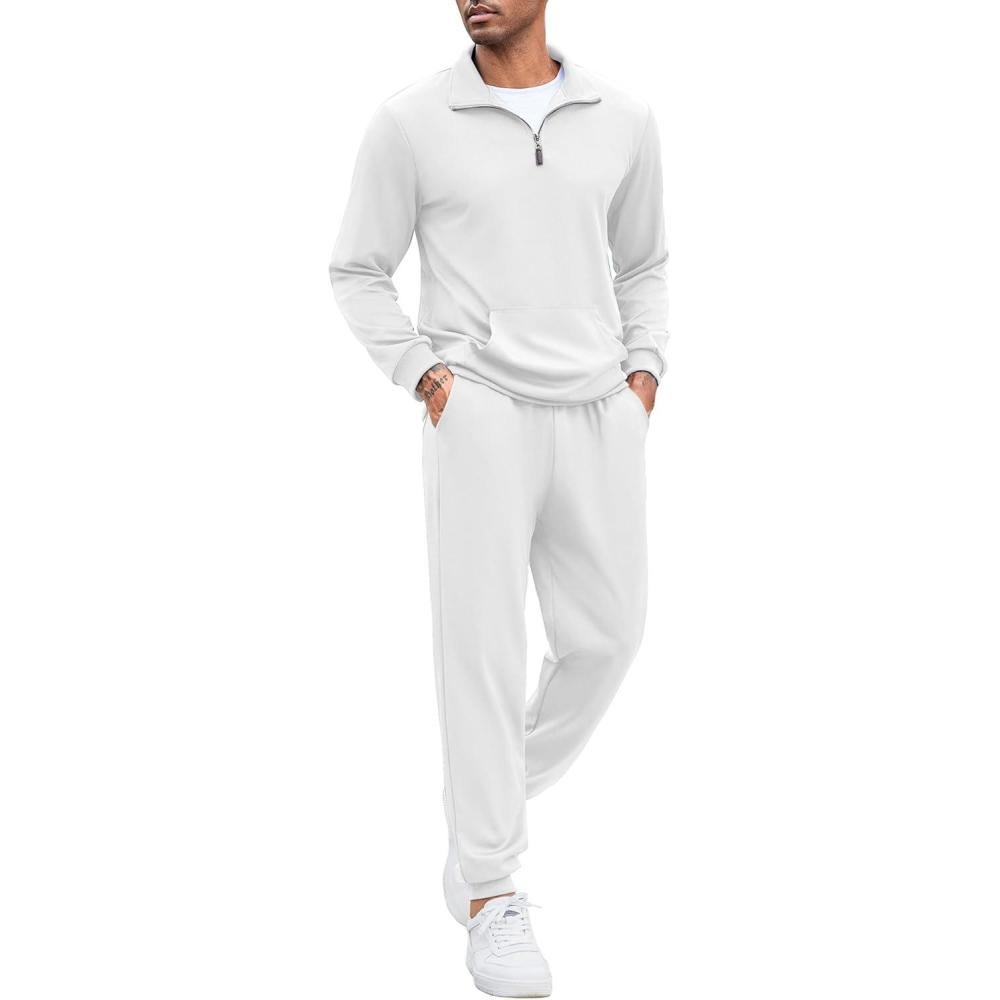 imageCOOFANDY Mens 2 Piece Track Suit Set Jogging Sweatsuit Workout Quarter Zip SuitWhite
