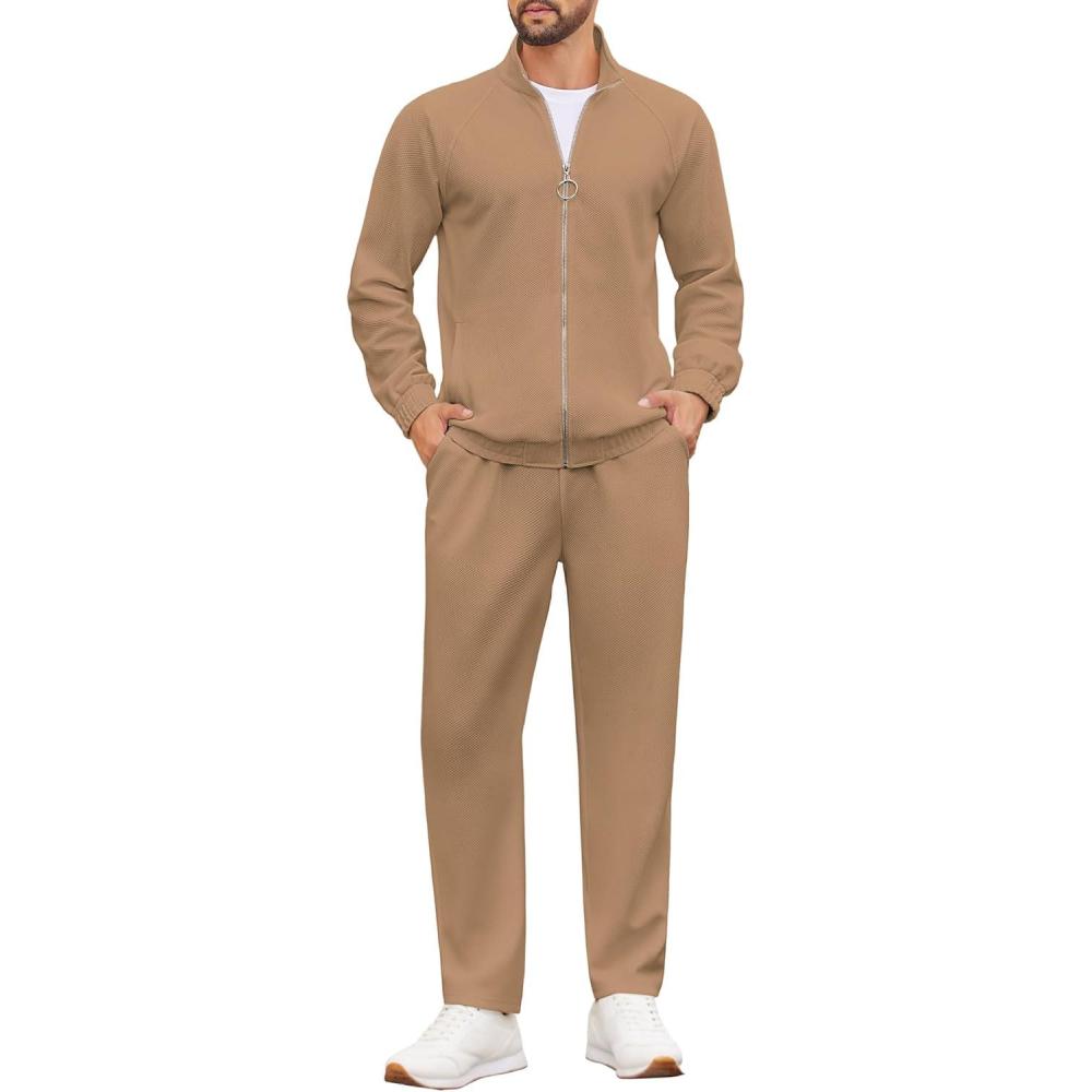 imageCOOFANDY Mens 2 Piece Tracksuit Casual Sweatsuits Full Zip Track Suits Jogging Athletic Suit SetsCamelKhakiTan
