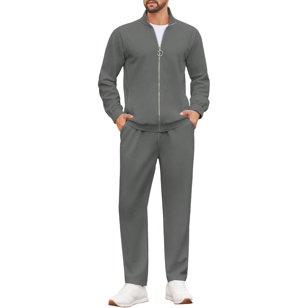 imageCOOFANDY Mens 2 Piece Tracksuit Casual Sweatsuits Full Zip Track Suits Jogging Athletic Suit SetsDark Grey