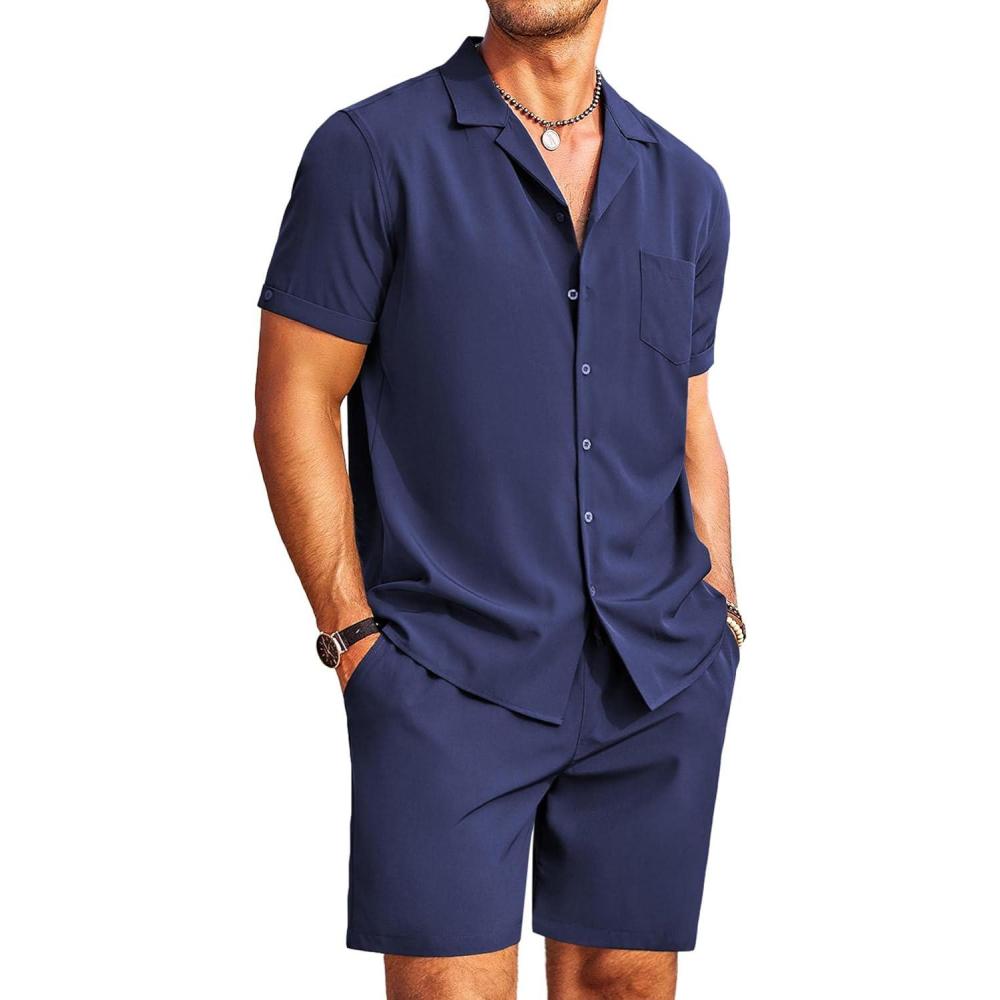 imageCOOFANDY Mens 2 Pieces Casual Beach Outfits Short Sleeve Button Down Shirts Summer Short SetAnavy Blue