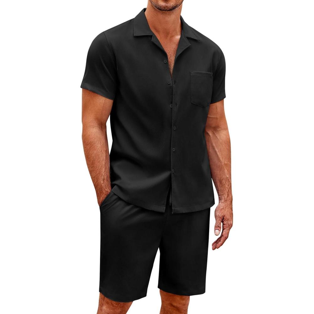 imageCOOFANDY Mens 2 Pieces Casual Beach Outfits Short Sleeve Button Down Shirts Summer Short SetBlack