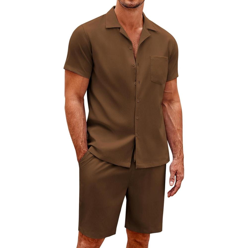 imageCOOFANDY Mens 2 Pieces Casual Beach Outfits Short Sleeve Button Down Shirts Summer Short SetBrown